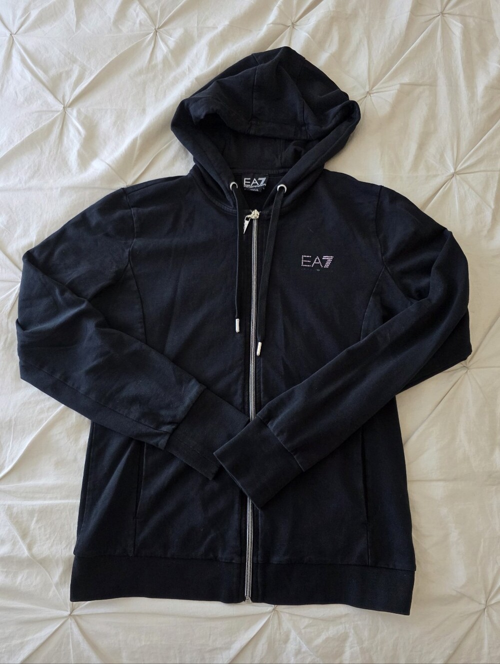 EA7 Emporio Armani Black Zip Up Hoodie Sweatshirt Rhinestone Logo
